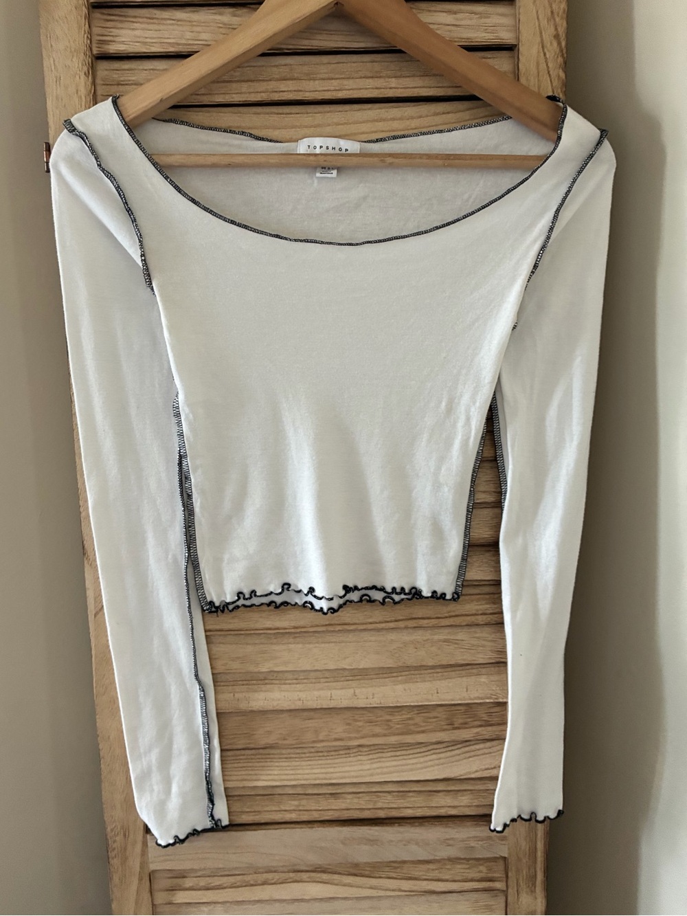 Topshop Womens White Lettuce Edge Contrast Stitch Crop Top Long Sleeve XS